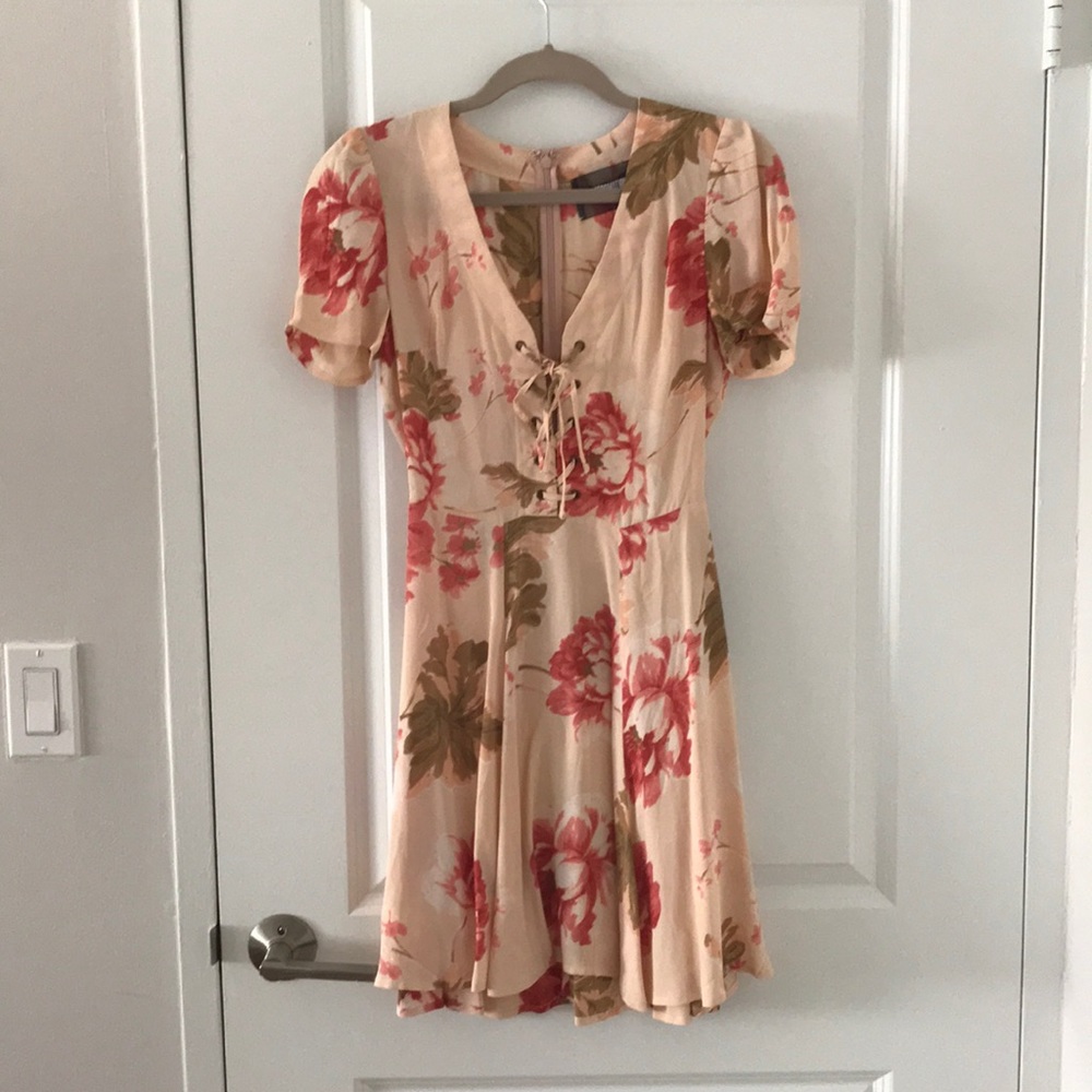 Reformation pink floral lace up mini dress